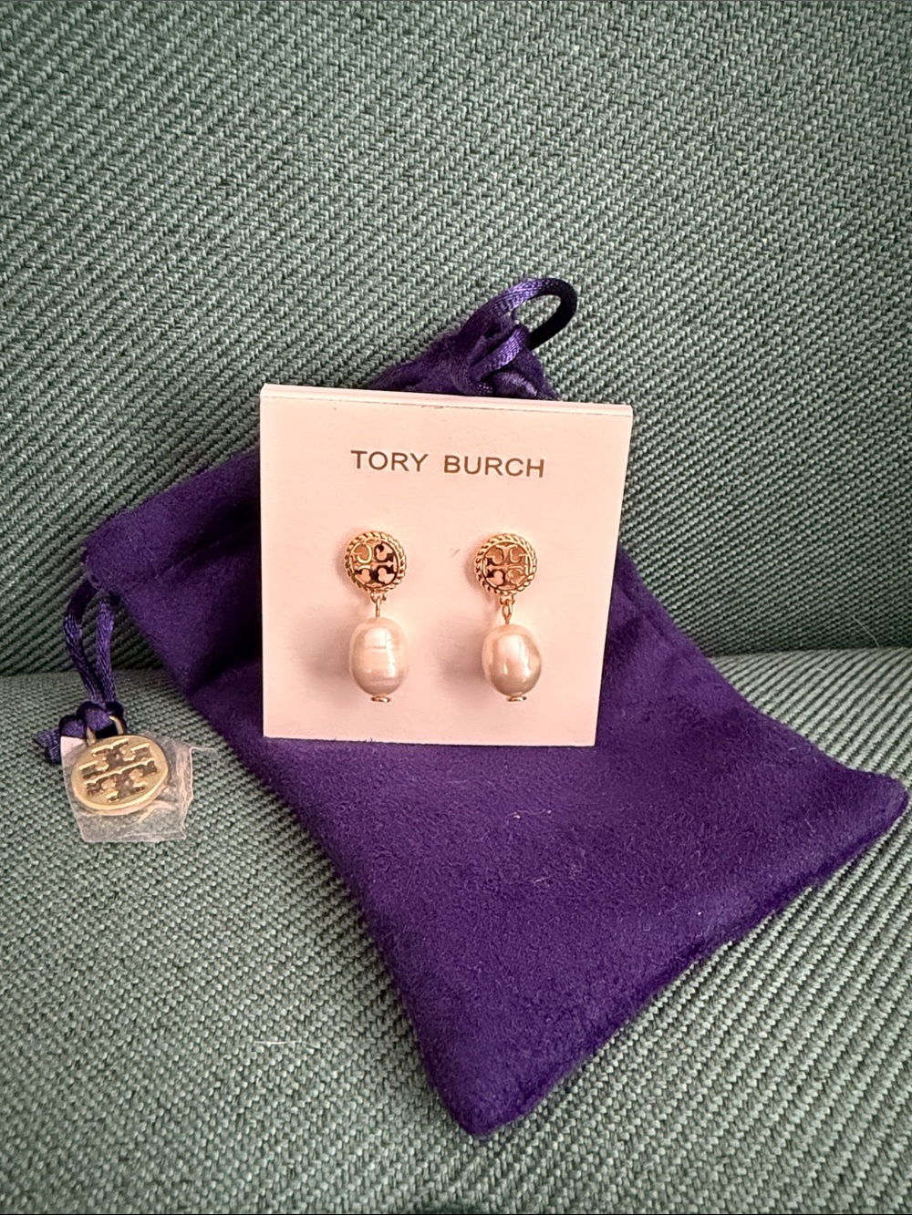 Tory Burch Gold Logo Drop Earrings with Pearl Drops
